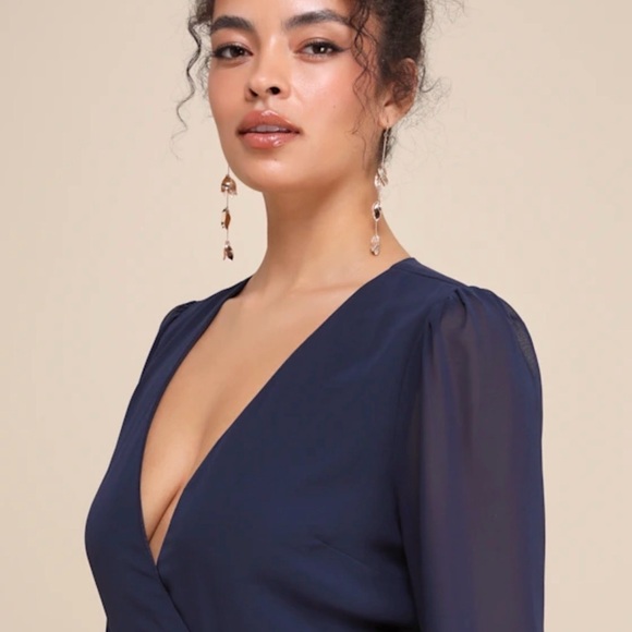 Lulu's Navy Wrap V-Neck Long Sleeve - Picture 4 of 5